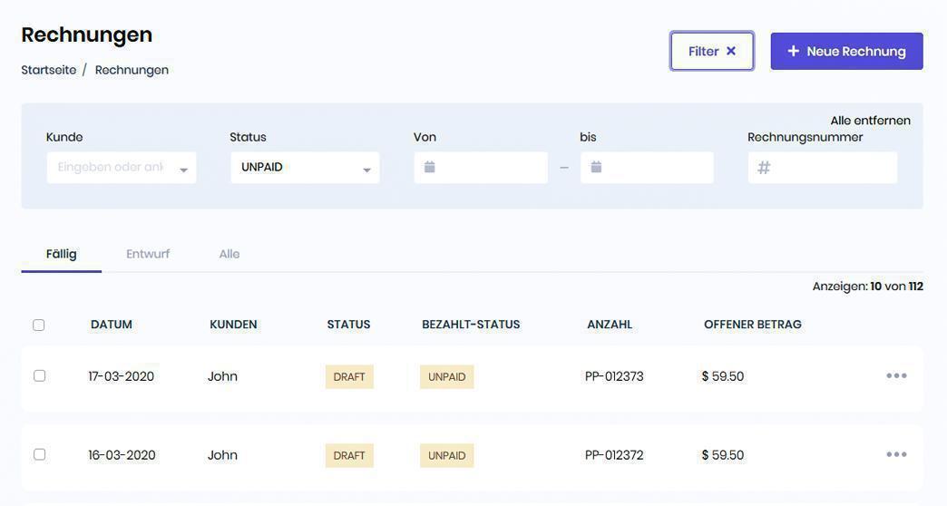Bild - Crater - Open-Source Invoice Rechnungsprogramm Filterfunktion