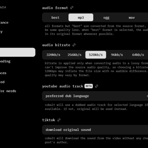 Bild Cobalt - Datenschutzfreundlicher Open-Source Online-Media-Downloader - Settings Audio