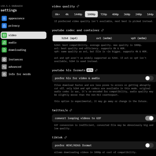 Screenshot Cobalt - Datenschutzfreundlicher Open-Source Online-Media-Downloader - Settings