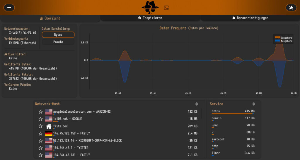 Screenshot - Sniffnet - Open-Source Netzwerkanalyse und Security Tool - Dashboard