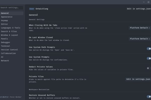 Screenshot Zed - Highperformance Open-Source Code-Editor - Settings
